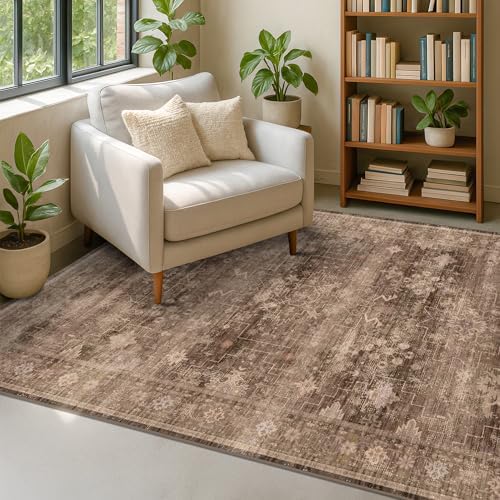 Hazo Haus Boho Brown Living Room Rug 6x8 - Modern Vintage Traditional Oriental Taupe Neutral, Washable Low Pile Non-Slip Extra Large Area Rugs for Dining Under Table Bedroom Lounge - Image 3