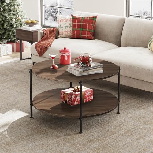 WLIVE Round Coffee Table for Living Room, 32.6" Small Coffee Table with Open Storage Shelf, 2-Tier Industrial Circle Wood Center Table for Bedroom, Home Office, Brown Walnut - Image 2