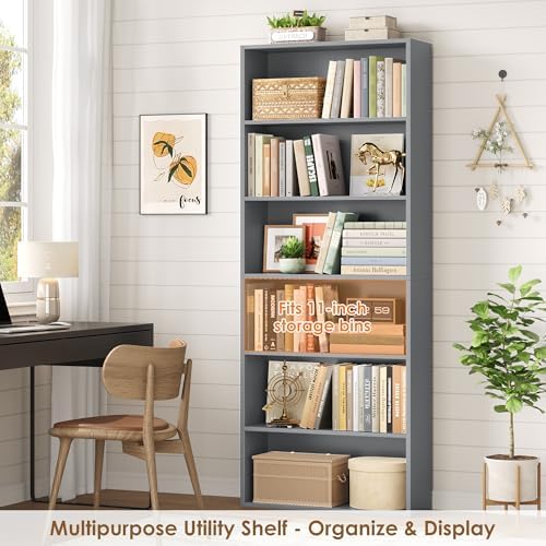 FOTOSOK 6 Tier Tall Bookshelf Bookcase with Open Display Shelves, Dark Gray - Image 6