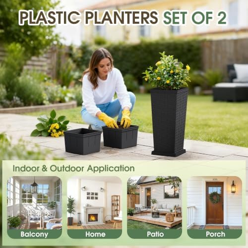 Set of 2 24 Inch Tall Plastic Planters with Drainage Saucers, Black - Image 4