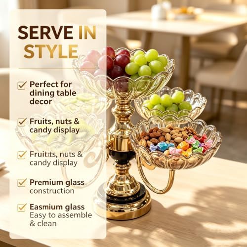 Rotatable 5 Plate Amber Electroplated Glass Fruit Serving Stand 1 Large Fixed Bowl 4 Rotatable Small Bowls Gold Metal Snack Tray Decorative Candy Nut Dessert Display for Dining Table Home Party Decor - Image 5