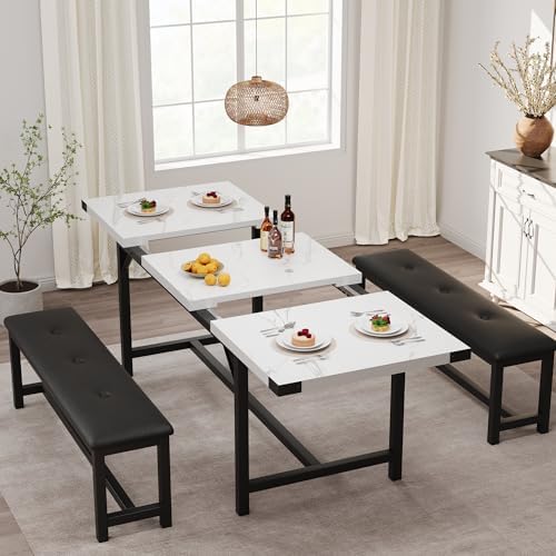 IDEALHOUSE 3 Piece Dining Table Set for 4-6, 63" Extendable Thick Metal Frame Kitchen Table with 2 Upholstered Benches Set for 6, Rectangle Wooden Dinette Table Set for Dining, Apartment, Marble White - Image 3