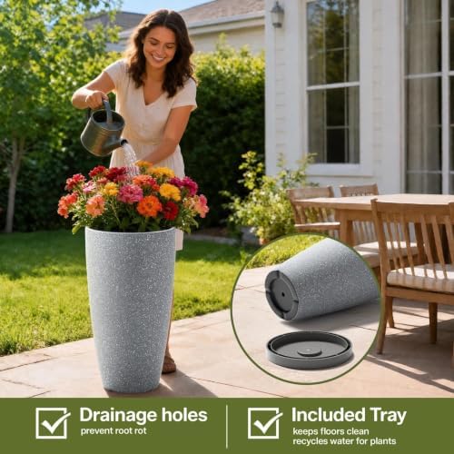 ZMTECH 2 Packs 21 inch Tall Planter, Indoor Outdoor Round Planter for Porch, Large Plant Pot with Drainage Hole for Home Garden Front Door, Modern Decorative Pots for Plants (Light Gray) - Image 3