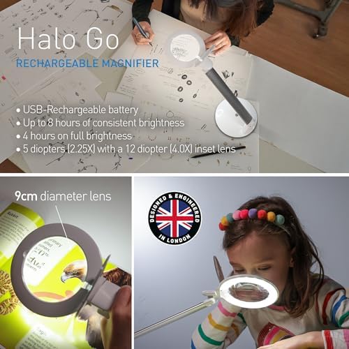Daylight Company Halo Go Magnifier Lamp, Rechargeable USB, Portable, Lightweight, Desk Lamp Reading, Hobbies, Sewing, Crafts, Nail Salon, Handcrafts and More, Colour Temperature: 6,000 K, White - Image 6