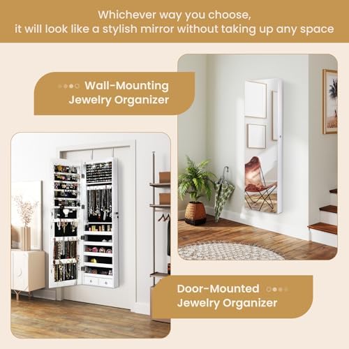 NAFORT 2 LEDs Mirror Jewelry Armoire, 47.5" H Door or Wall Mounted Jewelry Cabinet with Frameless Mirror, Lockable Jewelry Storage Box, Hanging Jewelry Organizer with 2 Drawers, White - Image 7