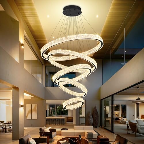 Modern Large 5 Ring Chandelier for High Ceiling Foyer, Luxury Black Crystal Ring Chandeliers Staircase Villa, D8''+15.7"+23.6"+31.5"+39.4", Dimmable LED 3000K-6000K - Image 4