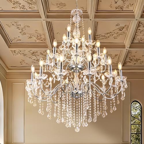 Wellmet Chrome Chandelier Light Fixture, Luxury Maria Theresa Crystal Chandeliers for High Ceiling Foyer, 24 Lights Hanging Pendant Light for Living Room EntryWay Hall Staircase Large 35.66" by Wellmet