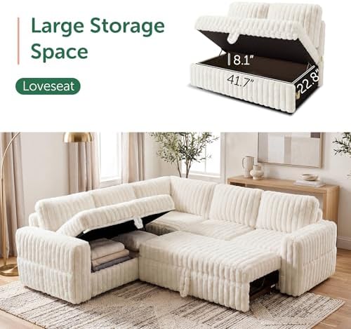HONBAY Plush Corduroy Modular Sectional Sofa with Pull Out Bed, Convertible L Shaped Couch with Storage,Sleeper Sectional Couches for Living Room,Plush Beige - Image 3