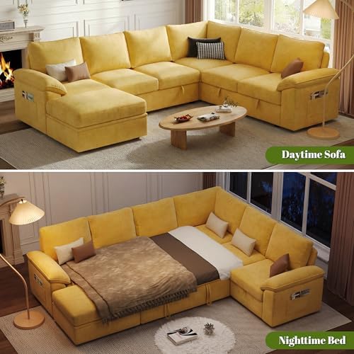106'' Modular Sectional Sofa with Pull Out Bed, Sleeper Sofa, Yellow - Image 4