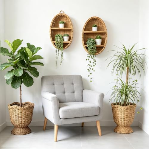 Rattan Planter, Woven Planter Basket for Plants Indoor Outdoor, Rattan Flower Pot, Decorative Plant Holder Basket for Garden Patio Boho Home Decor (Orange&Scalloped-Small:11.81" H x 9.84" W) - Image 7