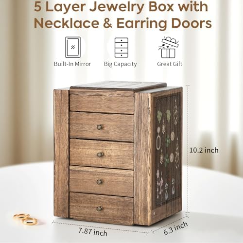 Meangood Jewelry Box Wood for Women, 5-Layer Large Organizer Box with Mirror & 4 Drawers for Rings, Earrings, Necklaces, Walnut - Image 2
