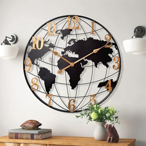 Large World Map Wall Clock,Metal Minimalist Modern Clock,Round Silent Non-Ticking Battery Operated Wall Clocks for Living Room/Home/Kitchen/Bedroom/Office/Farmhouse Decor (30 Inch) by KEQAMHOMEDECOR