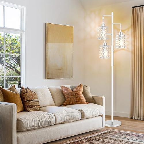 72" Modern Tree Floor Lamp, Dimmable Minimalist Tall Standing Lamp with Metal Cages & Rotary Dimmer Knob, Corner Decor Lighting for Living Room Bedroom Cafe, 3 x 800LM Bulbs Included-Silver - Image 6