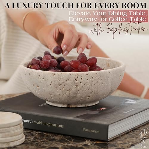 Gusto Nostro 8" Decorative Travertine Bowl for Coffee Table - Elegant Centerpiece, Aesthetic Fruit Bowl for Kitchen Counter - Heavy Stone Entryway Catch all, Jewelry, Potpourri - Travertine Decor - Image 2