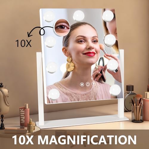 Ratsamee Hollywood Vanity Mirror with Lights, 12" x 14", 9 Dimmable Bulbs, 3 Color Lights, Make Up Lighted Mirror, 10x Magnification 360°Rotation White - Image 6