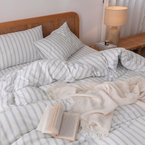 BESTOUCH Striped Cotton Duvet Cover Set Linen Feel King - Image 2