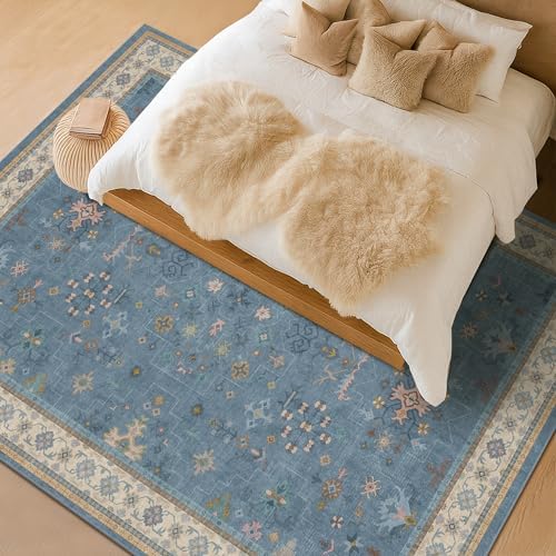 Hazo Haus Blue Big Rugs for Living Room - Dusty Blue 10x14 Area Rug for Large Bedroom, Dining Room, Washable Lightweight Low Pile Foldable Eclectic Modern Floral Home Décor - Image 6