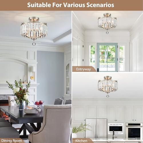 Brushed Nickel Crystal Semi Flush Mount Ceiling Light Fixture Modern Farmhouse Small Chandelier 3-Light Round Crystal Mini Chandelier for Dining Room Entryway Hallway Kitchen Bedroom Foyer - Image 5