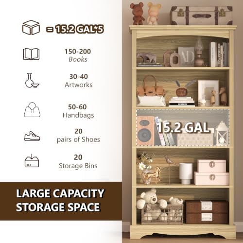 TVU 5-Tier Wooden Bookshelf, 65 Inch Tall Bookshelf with Storage, Floor Standing Modern Style Display Bookcase for Living Room, Office, Study Room, Entryway, Natural Wood Color - Image 4