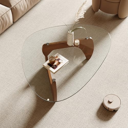 Honyee Morden Coffee Table, 42.5" x 28.5" x 16.1" Triangle Tempered Glass Top for Living Room, Color: Natural Wood - Image 4