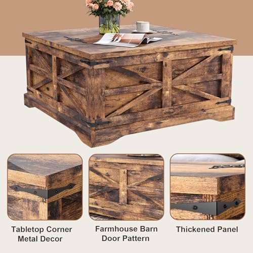 MXV Farmhouse Coffee Table with Storage, Square Coffee Tables for Living Room, Rustic Wood Center Table with Hinged Lifting Tabletop for Home, Brown - Image 5