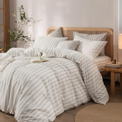 BESTOUCH Striped Cotton Duvet Cover Set Linen Feel Oversized Full - Image 6