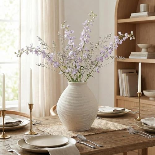 Large White Distressed Ceramic Vase, Rustic Ribbed Textured Floor Vase for Living Room Decor, Handmade Modern Farmhouse Vase for Pampas Grass (Cool-White) - Image 6