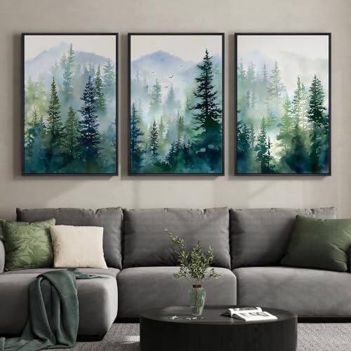 Large Framed Green Forest Landscape Living Room Wall Art, 3 Piece, 24x36 In by Cuspin