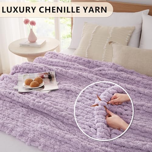 L'AGRATY Chunky Knit Throw Blanket for Couch, 72'' x 84'' Knit Throw, Purple - Image 3