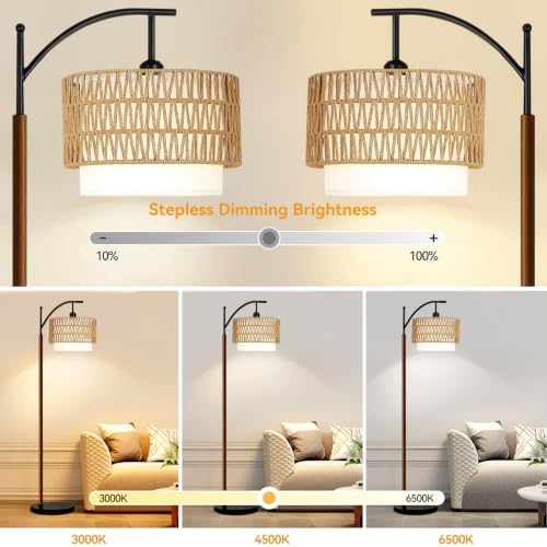 QIYIZM Boho Floor Lamp for Living Room,Bedroom,Rattan Standing Lamp with Remote Dimmable,Wood Vintage Mid Century Modern Black Tall Lamp Wicker Lamp Shade Floor Lights Bohemian Tiffany Style - Image 2