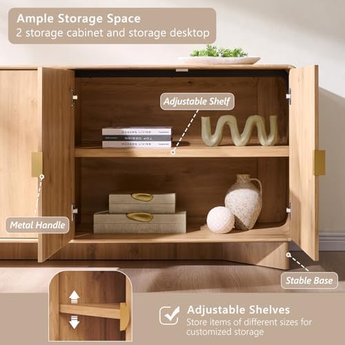 IFGET 70" Modern TV Stand with Storage, Wood Curved TV Console, Natural Oak - Image 5
