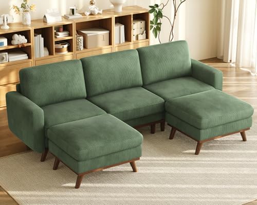Vesgantti 97" Modular Sectional Sofa Green, U-Shaped Couch with Movable Ottoman, Comfy Corduroy Couch with Spring Cushion, Modular Sofa with Deep Seat for Living Room, Bedroom and Apartment by Vesgantti
