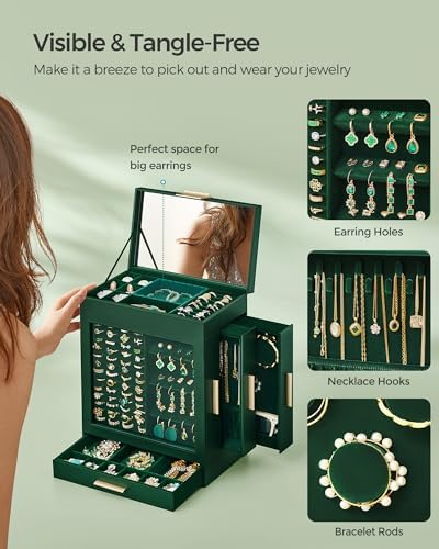 SONGMICS 5-Layer Jewelry Box with Glass Window, 3 Side Drawers - Image 5