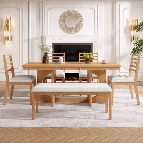 VilroCaz 6-Piece Acacia Wood Extendable Dining Table Set with Chairs& Bench - Image 2