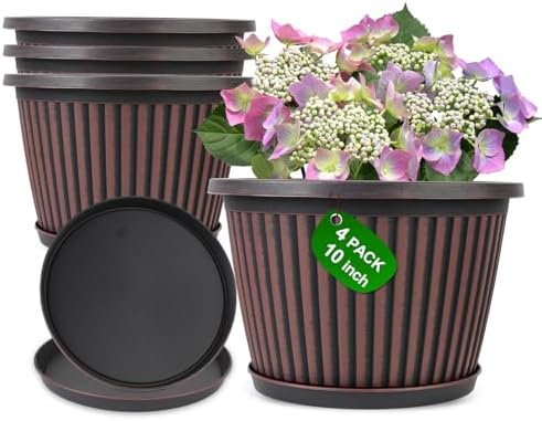 Myfeegoin Planter-Pots-for-Plants-Indoor-Outdoor, 4 Pack 10 Inch Plastic Flower Pots with Saucer & Drainage Holes, Modern Garden Planters for Planting Medium Large Plants，Decorative Resin Garden Pots by Myfeegoin