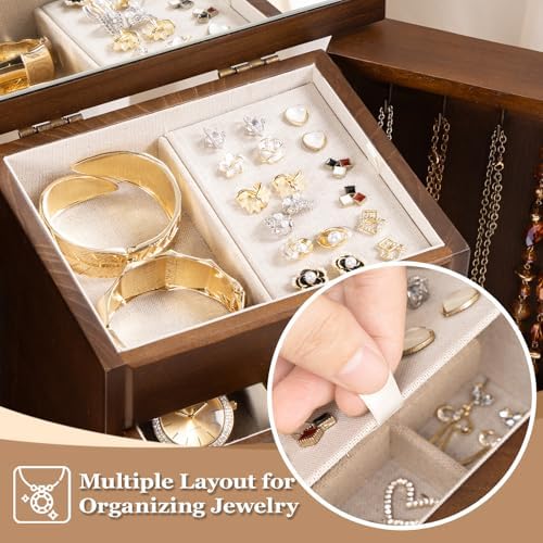 Jewelry Box for Women, Rustic Wooden Jewelry Boxes & Organizers with Mirror & Drawers,6 Layer Jewelry Organizer Box for Rings Earrings Necklaces Bracelets ((Walnut) - Image 4