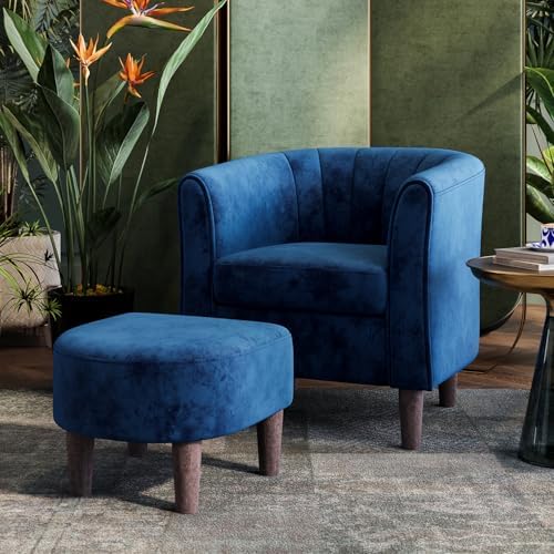 LINSY Accent Chair with Ottoman, Modern Barrel Chair Small Armchair Reading Chair with Footrest, Comfy Round Arms Chair for Living Room Bedroom Reading Room, Velvet, Blue by Linsy