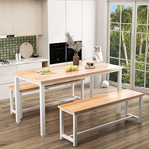 Dining Room Table Set with 2 Benches, Farmhouse Dining Table Set for 4, Wood Breakfast Dinner Table Set for Breakfast Nook Small Spaces, Beige - Image 2