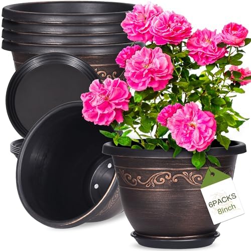 Plastic-Plant-Flower-Planters-8 Inch With Drainage Hole & Saucer, 6 Packs Lightweight Small Resin Flower Pot Indoor Outdoor, Retro Antique Imitation Decorative Garden Containers Sets For Houseplants by Pottiffe