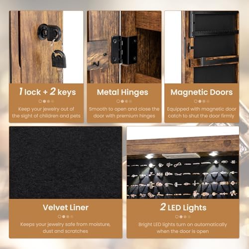 NAFORT 2 LEDs Full Length Mirror with Jewelry Armoire, Jewelry Organizers and Storage with 2 Mounting Options, 47.5”H Jewelry Cabinet with 2 Drawers, Make up & Lockable Jewelry Box, Rustic Brown - Image 3