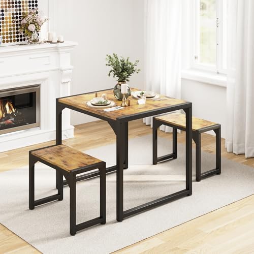 Gizoon Square Dining Table Set for 2, Kitchen Table with 2 Benches Retro - Image 3