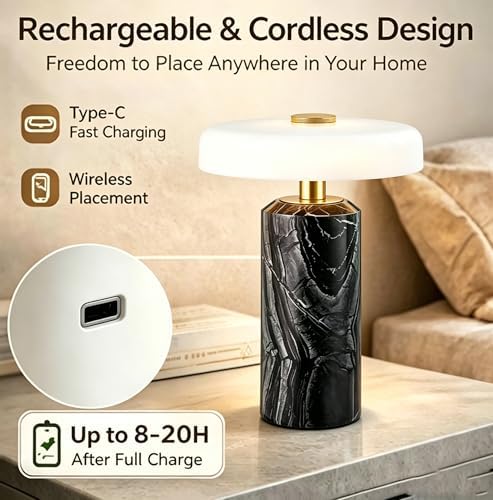 Modern Luxury Marble Desk Lamp -Rechargeable Touch Desk Lamp Nordic Style Office and Living Room Elegant Decoration for Apartments and Hotels Black - Image 2