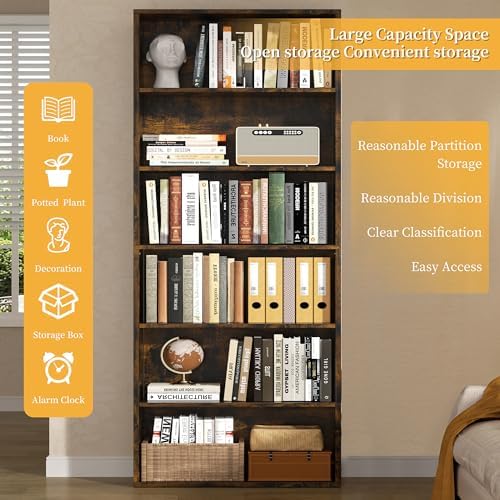 Shintenchi Bookshelf,6-Tier Open Bookcase and Bookshelves,6 Shelf Display Storage Shelves Floor Standing 70.6 inches Tall Bookcase for Home Office, Living Room (Brown) - Image 5