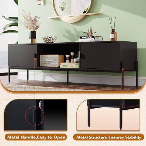 WLIVE 58" TV Stand for 65 Inch TVs, Mid Century Modern Entertainment Center with 2 Storage Cabinets & Open Shelf, Media Console Table with Metal Legs for Living Room, Bedroom, Black - Image 5
