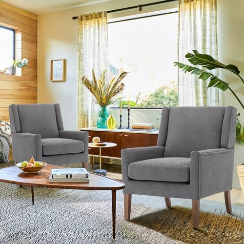 COLAMY Modern Wingback Living Room Chair, Upholstered Fabric Accent Armchair, Single Sofa Chair with Lounge Seat and Wood Legs for Bedroom/Office/Reading Spaces, Gery - Image 6