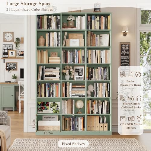 HOSTACK 86" H Triple Wide Bookshelf and Bookcase, 7 Tier Tall Bookshelf with Storage, Large Bookcase with 21 Open Display Storage Shelves, Wood Book Shelf Media CD DVD Storage for Living Room, Green - Image 6