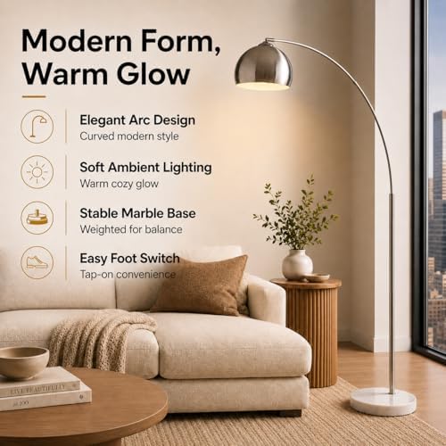 Teamson Home Arquer 68.1" Arc Floor Lamp for Living Rooms, Home Offices, Dining Rooms, Bedrooms with Faux White Marble Base and Nickel Bell Shade - Image 2
