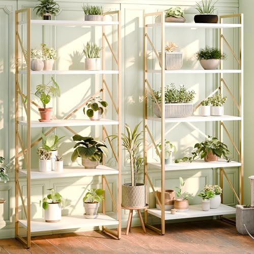 Shintenchi 5 Tiers Bookshelf, Classically Tall Bookcase Shelf,Industrial Book Rack,Modern Book Holder in Bedroom/Living Room/Home/Office, Storage Rack Shelves for Books/Movies,Gold - Image 3