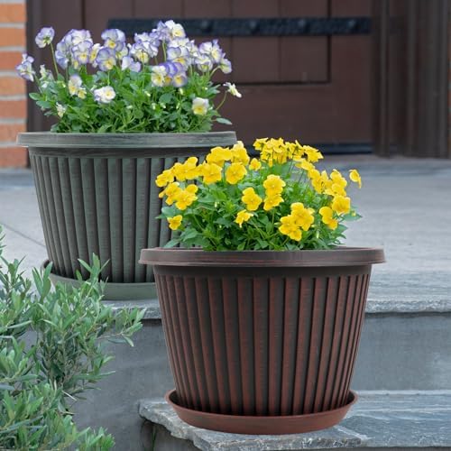 Large-Planter-Indoor-Outdoor Plant Pots, 12 inch 4 Pack Plastic Flower Pots with Saucer And Drainage Holes, Modern Garden Planters For Planting Medium Large Plants, Decorative Resin Garden Pots - Image 6