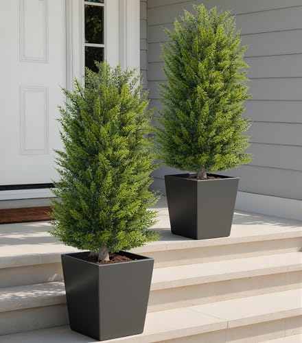 DREAMLOOM 3ft UV-Resistant Artificial Cedar Topiary Tree Faux Cypress Outdoor Fake Pine Plant Shrubs Bushes for Home Garden Porch Entryway, Set of 2 - Image 6